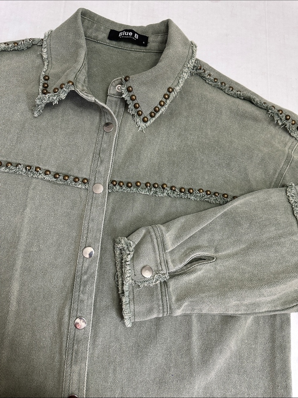 Blue B Collection Olive Green Shirt Jacket Snap Denim Button Studded Size Small